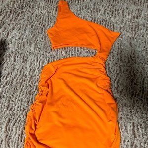 Neon Orange One Shoulder Cutout Ruched Bodycon Dress